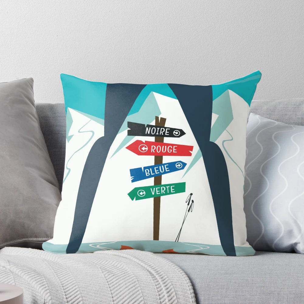 Vintage-style ski poster featuring skiers on the slopes of the French Alps