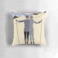 Vintage illustration of a skiing couple on a pillow, featuring a stylish winter sports fashion design.