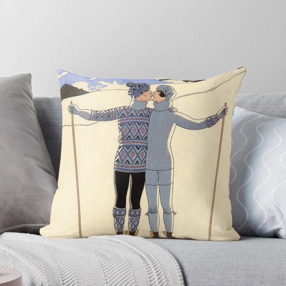 Vintage illustration of a skiing couple on a pillow, featuring a stylish winter sports fashion design.
