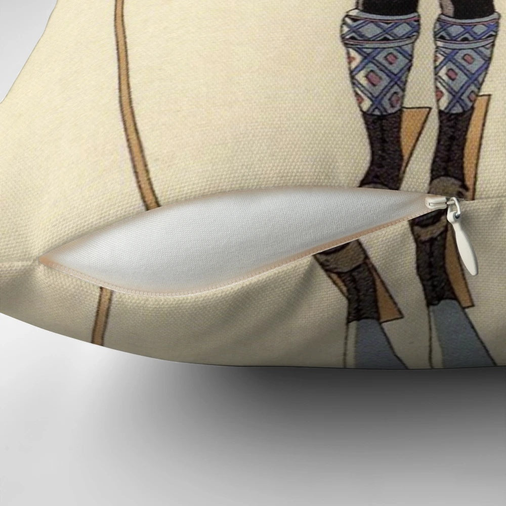 Vintage illustration of a skiing couple on a pillow, featuring a stylish winter sports fashion design.
