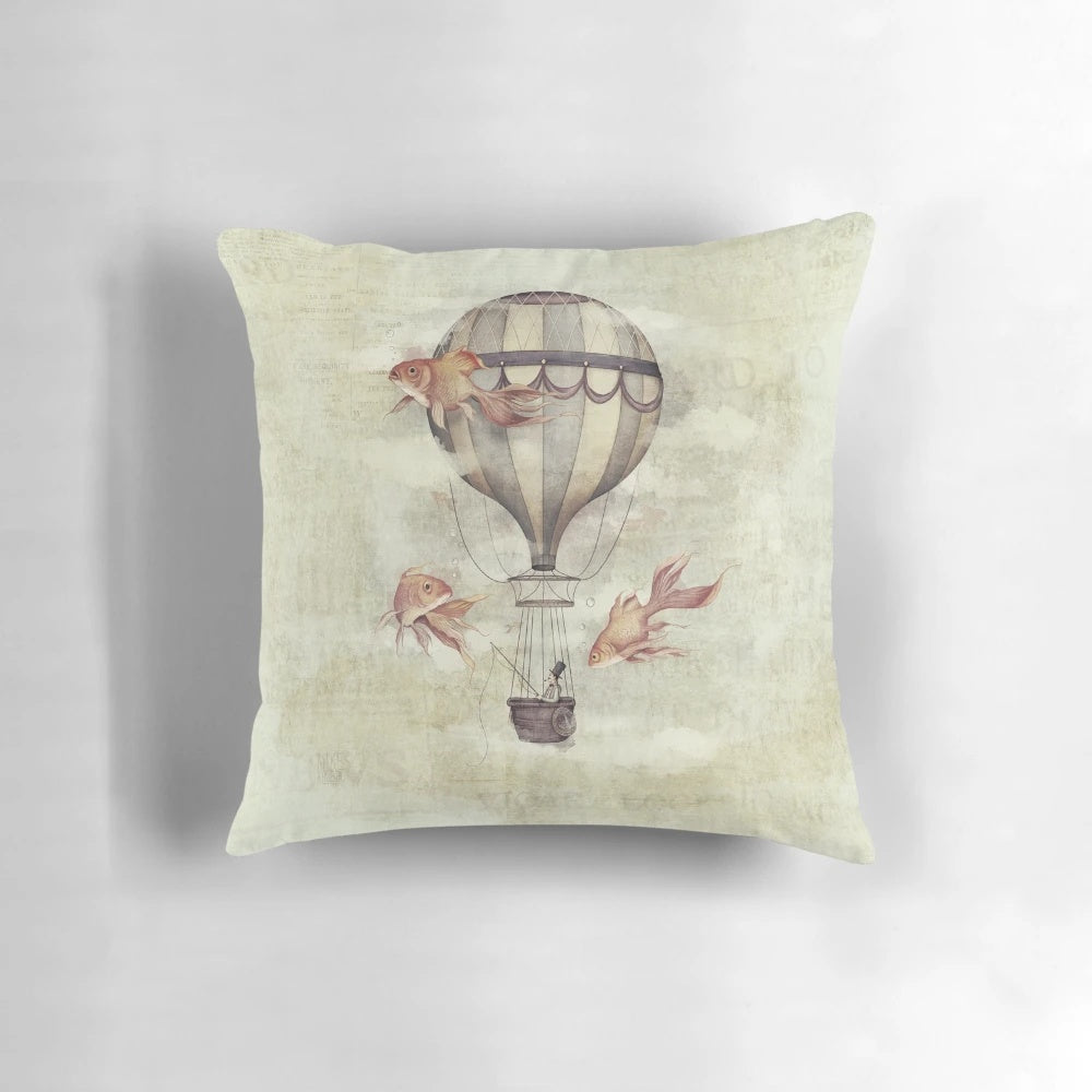Vintage-inspired throw pillow featuring a fisherman in a hot air balloon, surrounded by fish and goldfish, in a retro, aquatic design.