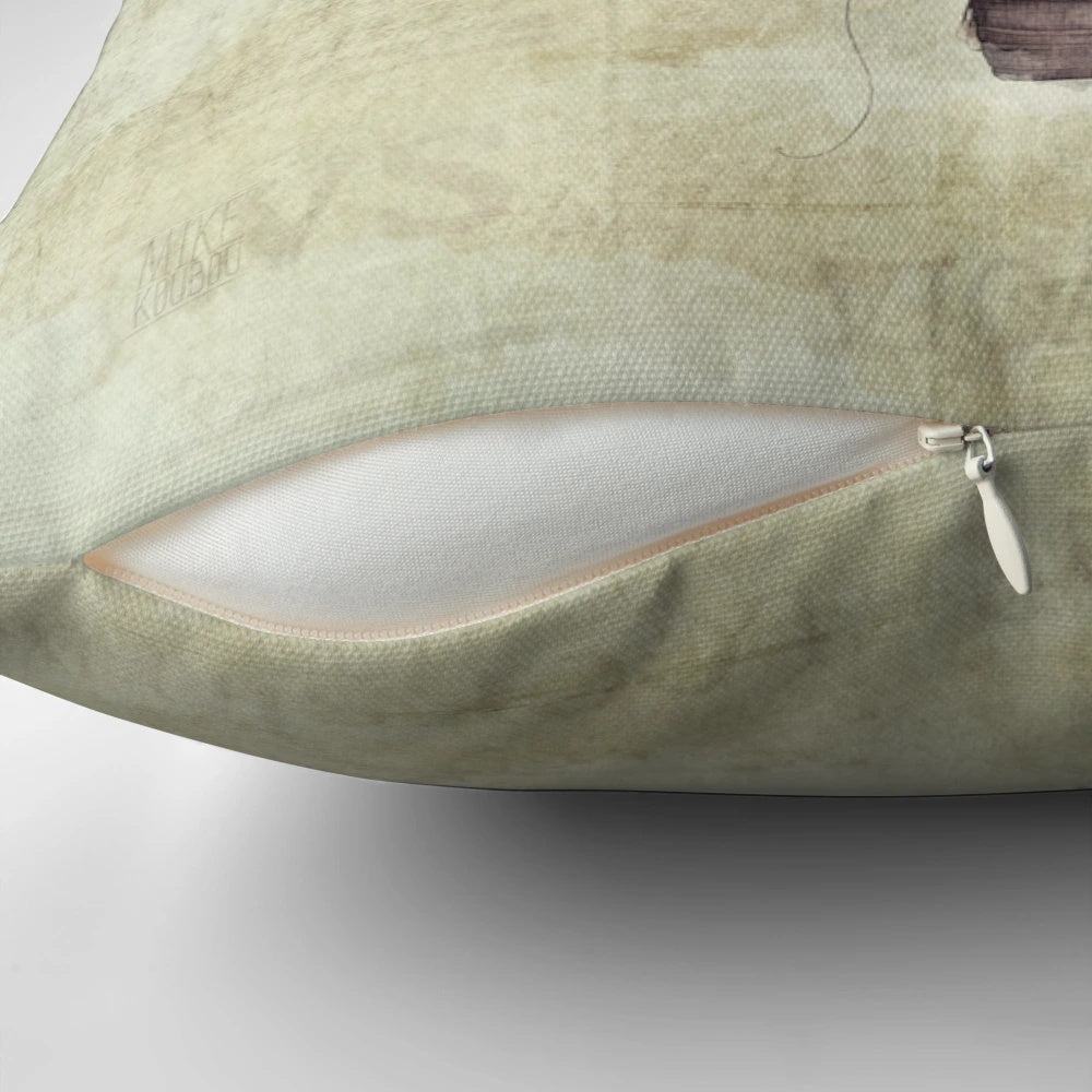 Vintage-inspired throw pillow featuring a fisherman in a hot air balloon, surrounded by fish and goldfish, in a retro, aquatic design.