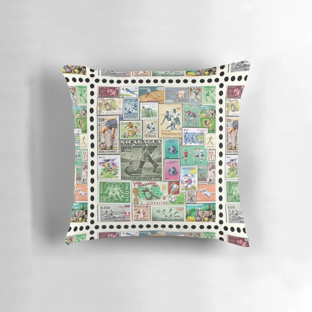 Vintage soccer stamps collage printed on a sports pillow, featuring a variety of football-themed postage stamps.