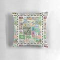 Vintage soccer stamps collage printed on a sports pillow, featuring a variety of football-themed postage stamps.