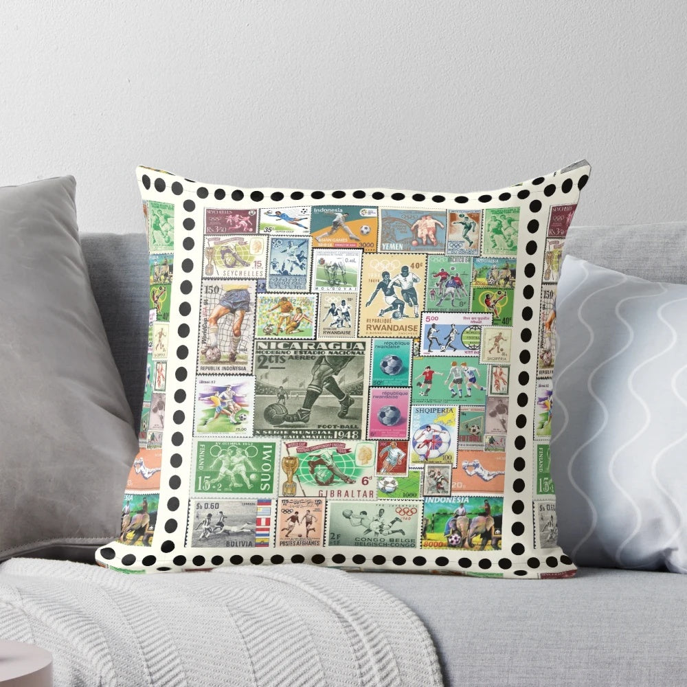Vintage soccer stamps collage printed on a sports pillow, featuring a variety of football-themed postage stamps.