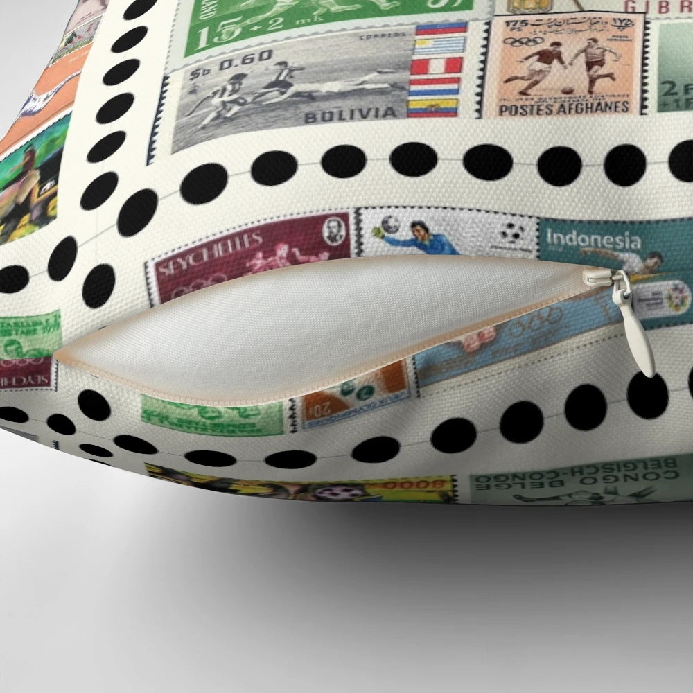 Vintage soccer stamps collage printed on a sports pillow, featuring a variety of football-themed postage stamps.