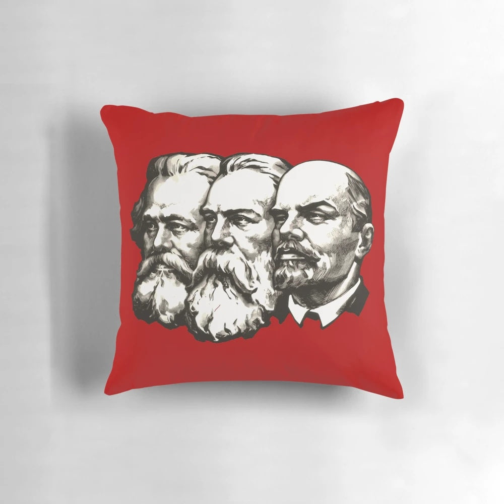 Decorative vintage-style pillow featuring the faces of Karl Marx, Friedrich Engels, and Vladimir Lenin, prominent figures of communist and socialist ideology.