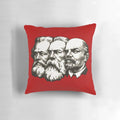 Decorative vintage-style pillow featuring the faces of Karl Marx, Friedrich Engels, and Vladimir Lenin, prominent figures of communist and socialist ideology.