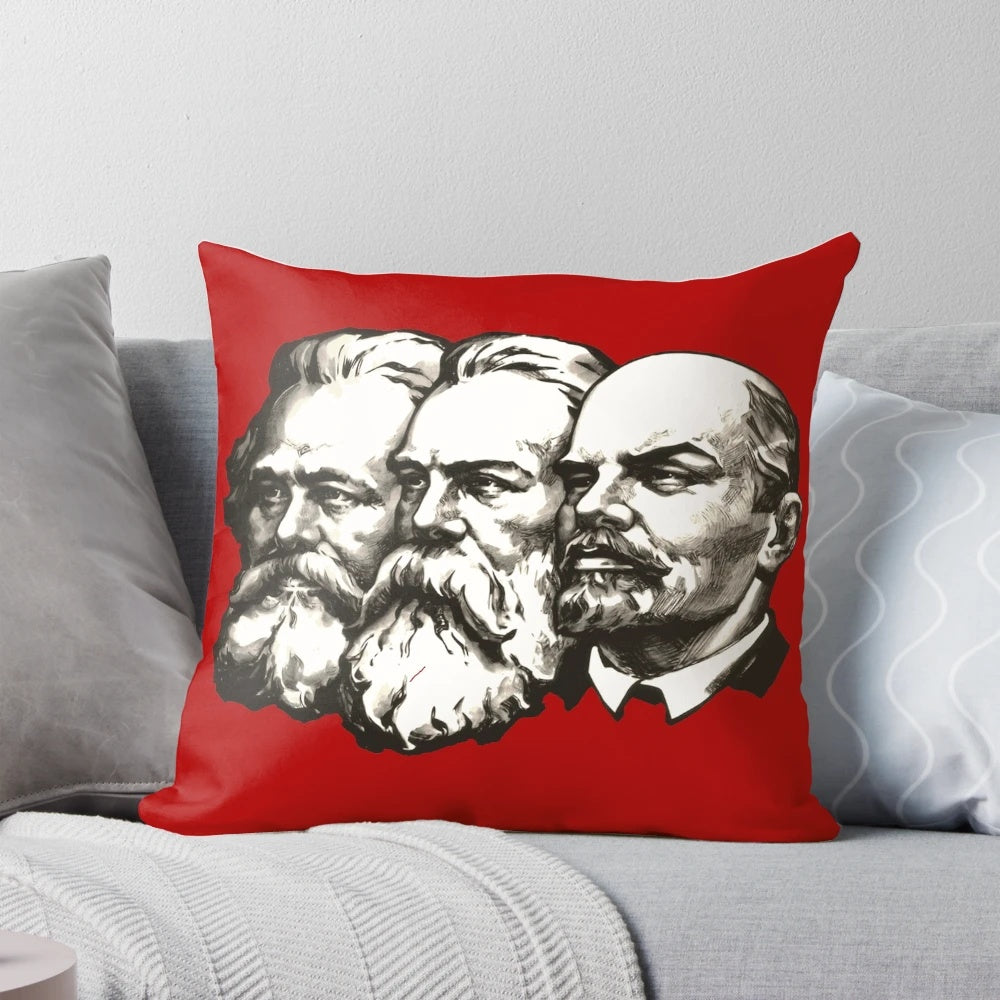 Decorative vintage-style pillow featuring the faces of Karl Marx, Friedrich Engels, and Vladimir Lenin, prominent figures of communist and socialist ideology.
