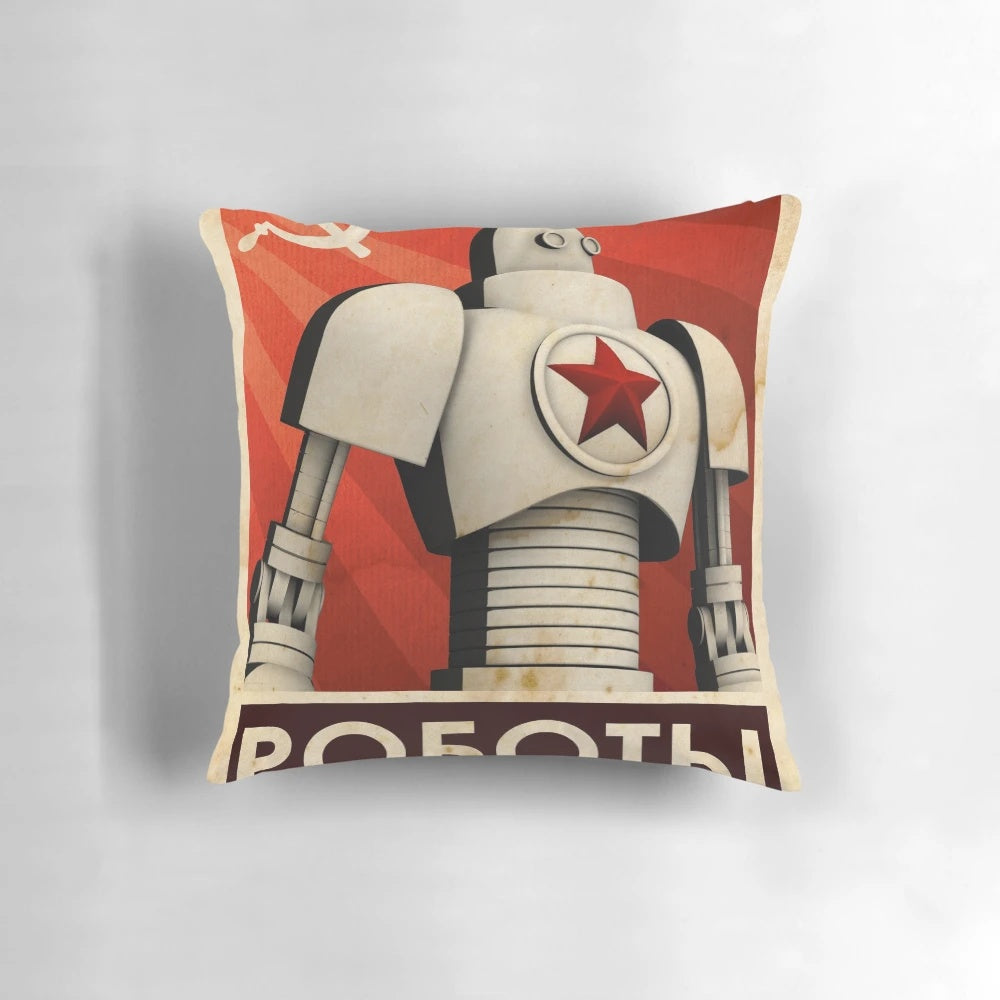 Vintage-style pillow featuring retro Soviet robot propaganda design