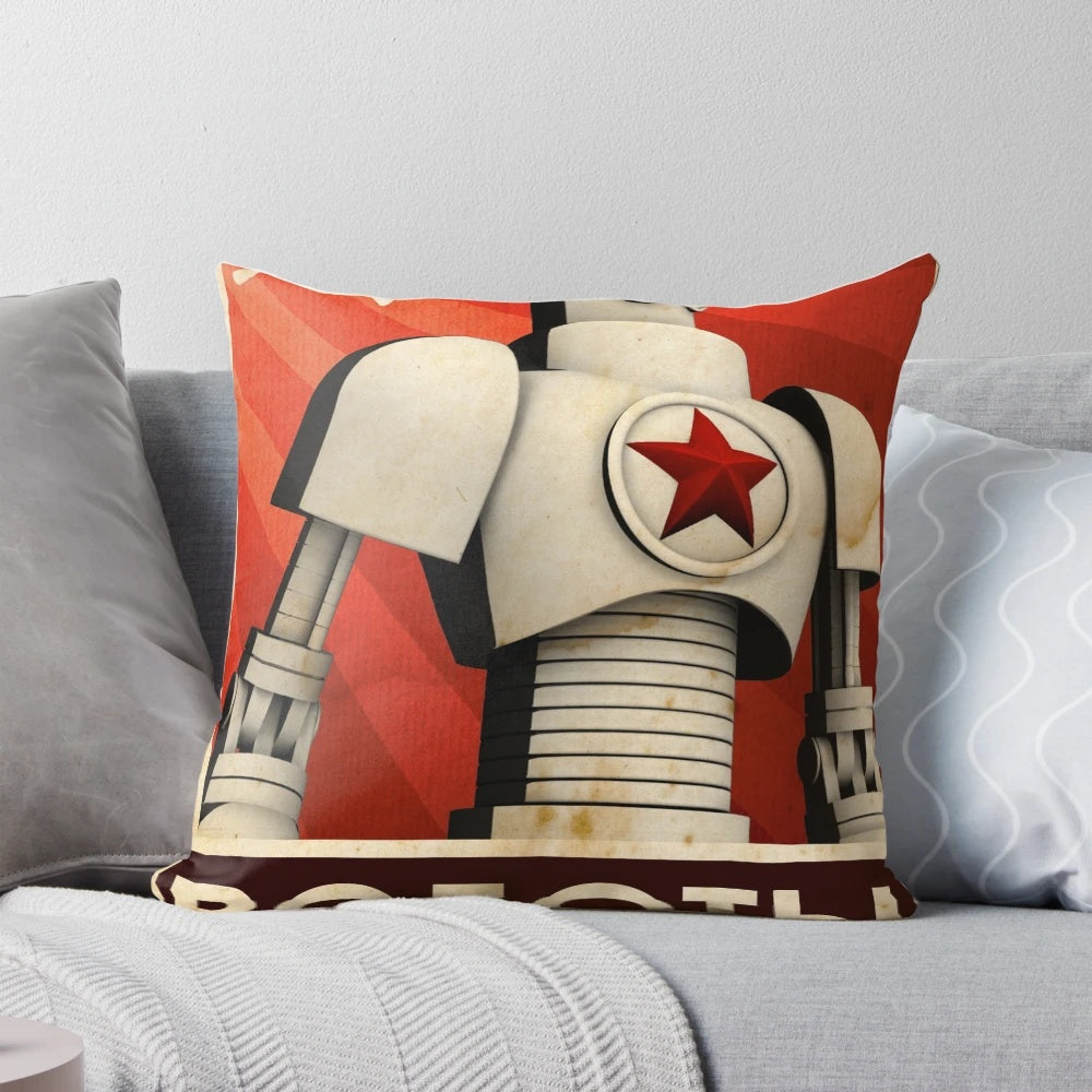 Vintage-style pillow featuring retro Soviet robot propaganda design