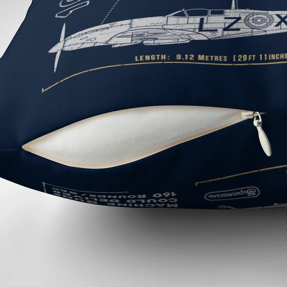 Vintage-style Spitfire aircraft-inspired throw pillow with roundel and fighter plane graphics