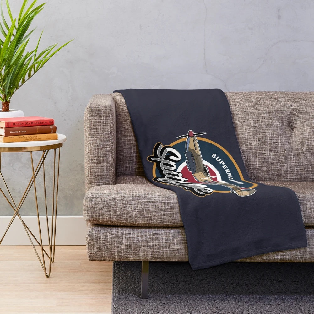 Vintage Spitfire Malta Plush Blanket with retro RAF aviation art