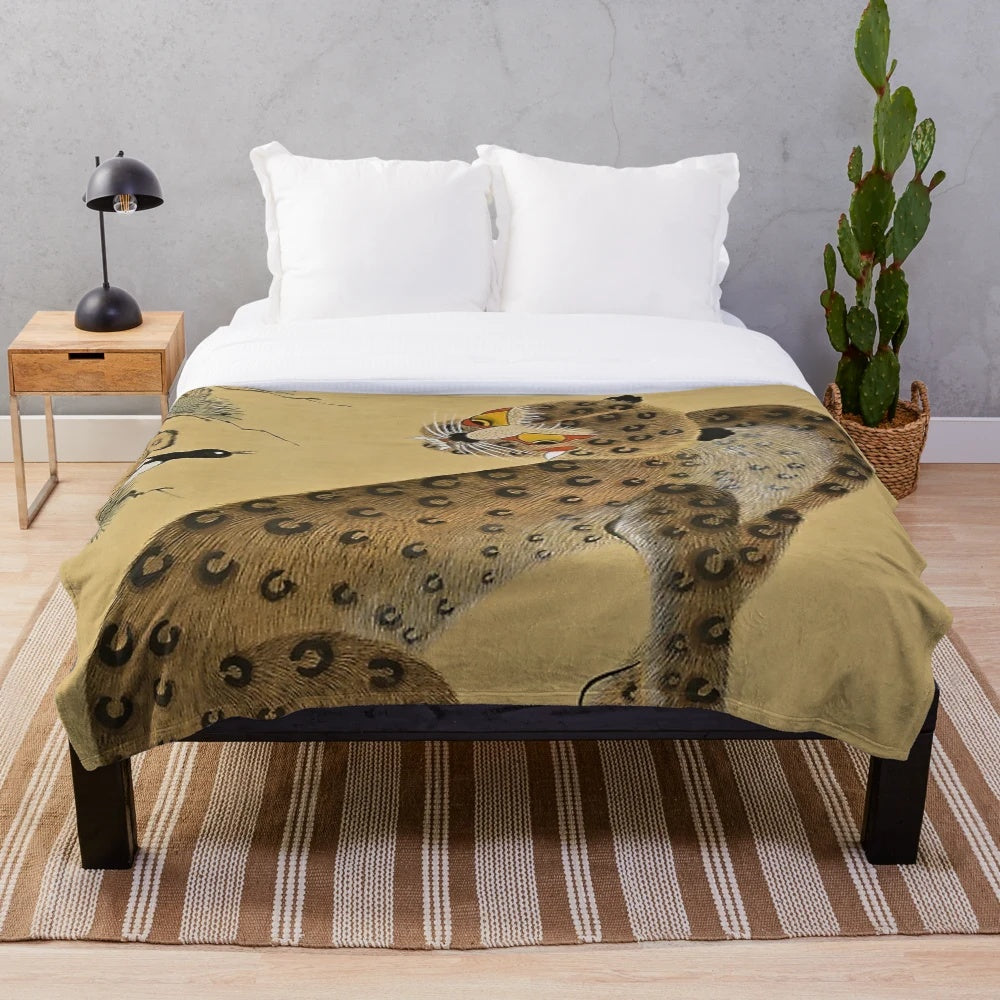 Vintage spotted tiger minhwa with wise magpie plush blanket
