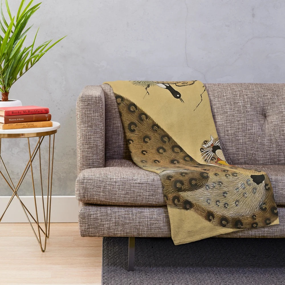 Vintage spotted tiger minhwa with wise magpie plush blanket