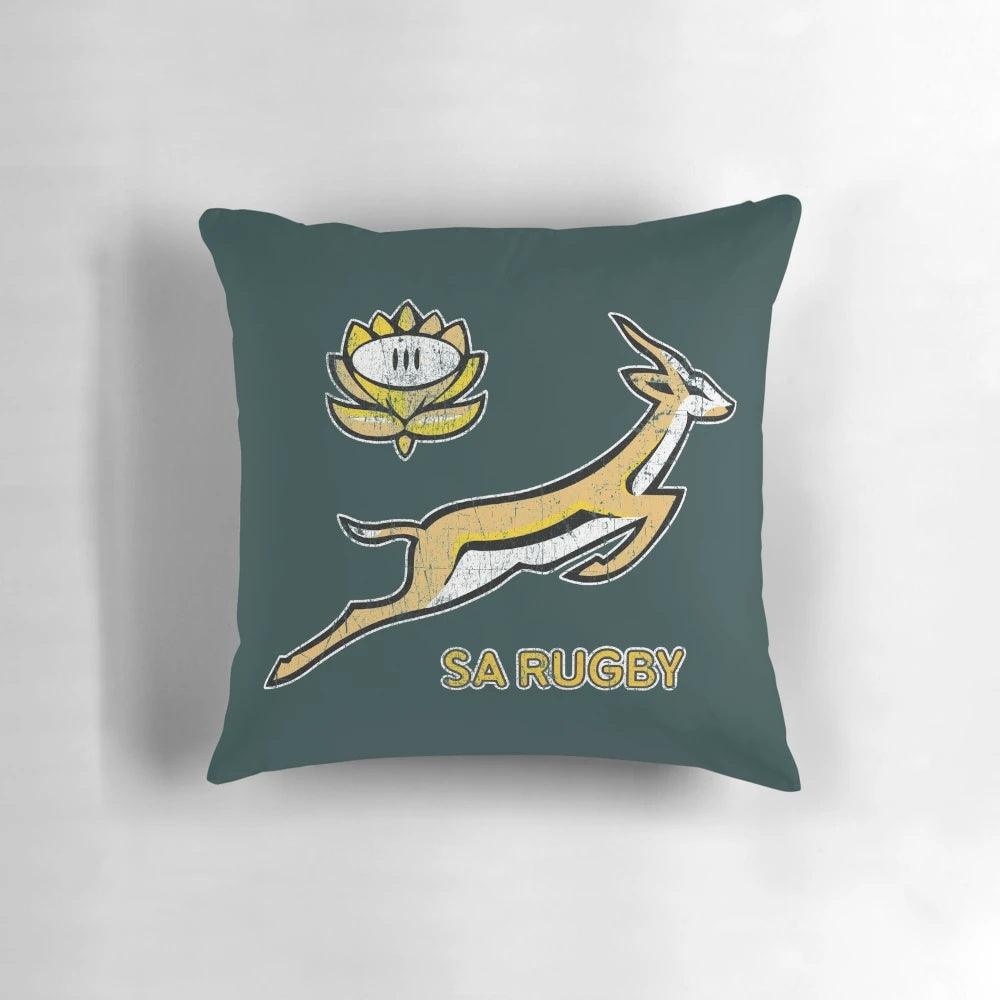 Vintage Springbok logo printed on a soft, high-quality pillow for rugby and South African decor enthusiasts.