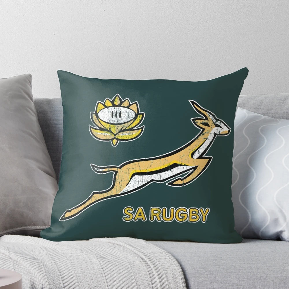 Vintage Springbok logo printed on a soft, high-quality pillow for rugby and South African decor enthusiasts.