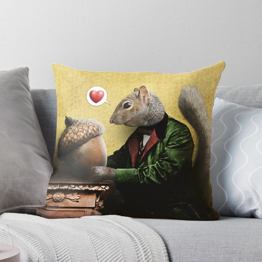 Vintage-style collage image of a cute squirrel hugging an acorn-shaped pillow