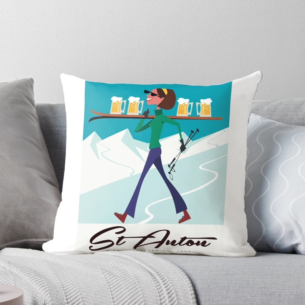 Cozy pillow featuring a retro-inspired ski poster design from St Anton, Austria.