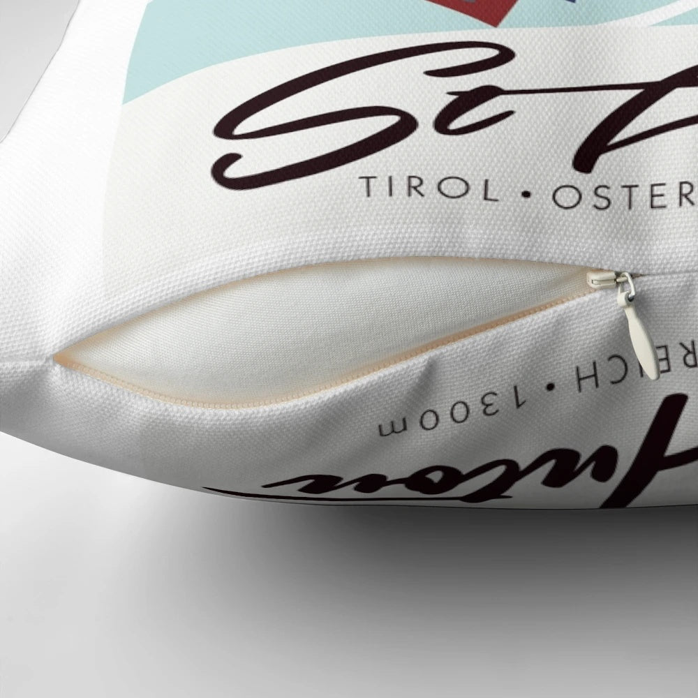 Cozy pillow featuring a retro-inspired ski poster design from St Anton, Austria.
