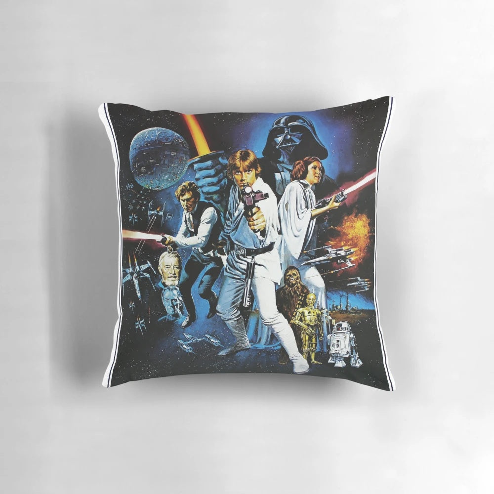 Vintage Star Wars movie poster themed throw pillow featuring iconic characters and logo