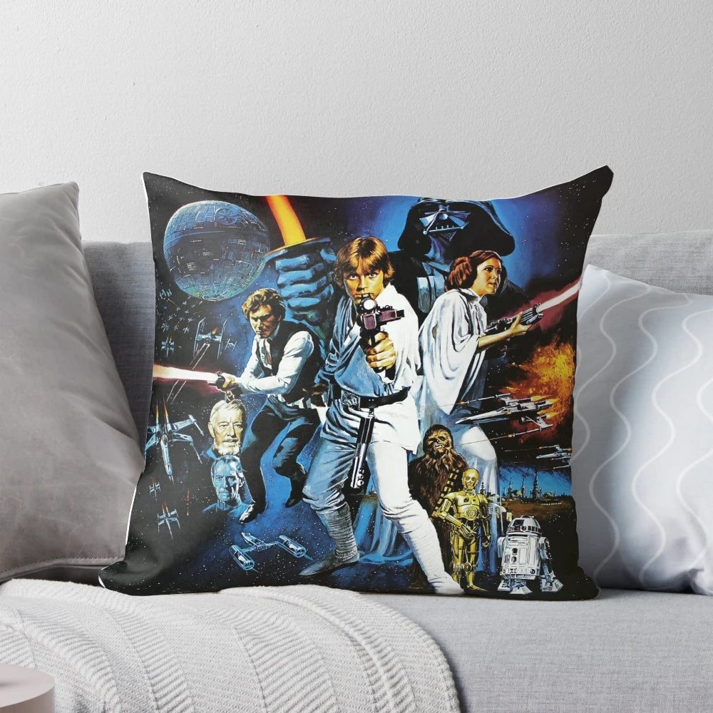 Vintage Star Wars movie poster themed throw pillow featuring iconic characters and logo