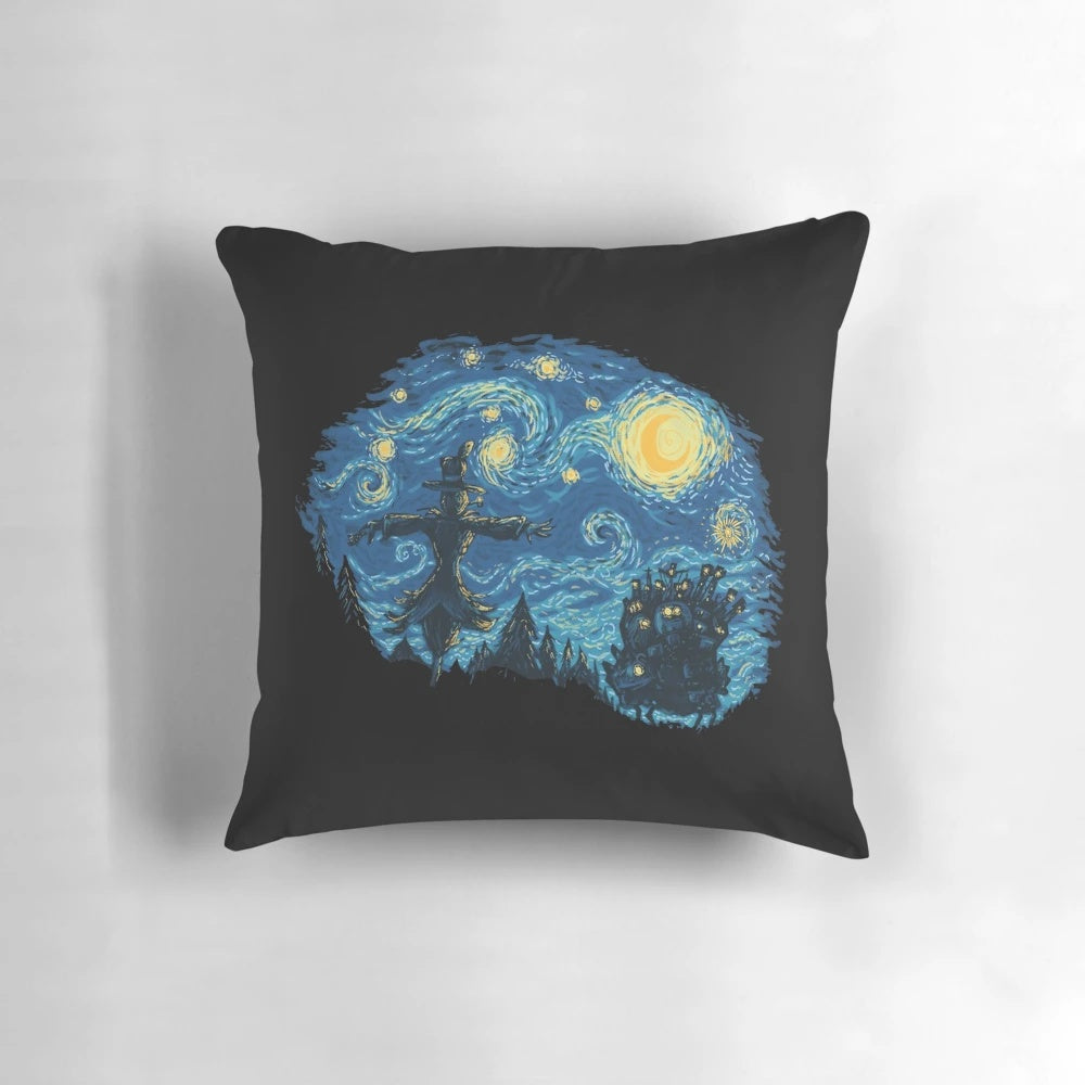 Vintage Starry Ghost Night Pillow, featuring characters and motifs from Studio Ghibli anime like Howl's Moving Castle and Kiki's Delivery Service.