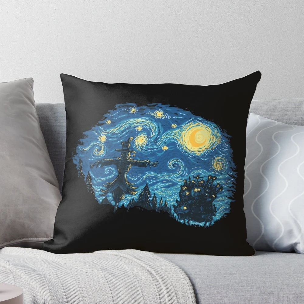 Vintage Starry Ghost Night Pillow, featuring characters and motifs from Studio Ghibli anime like Howl's Moving Castle and Kiki's Delivery Service.