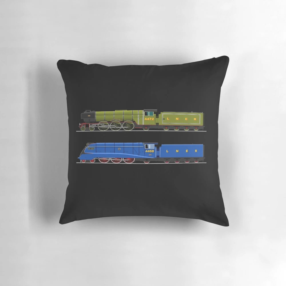 Pillow featuring classic British steam locomotives Flying Scotsman and Mallard