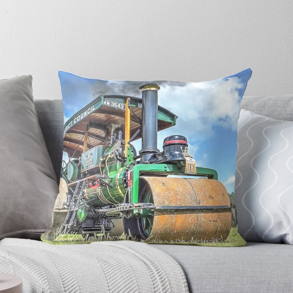 Vintage steam roller pillow with cast iron design and steam engine details