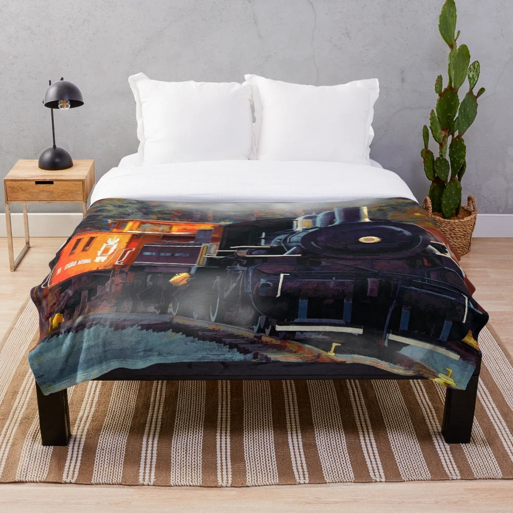 Vintage steam train plush blanket with a steam locomotive in a rail yard