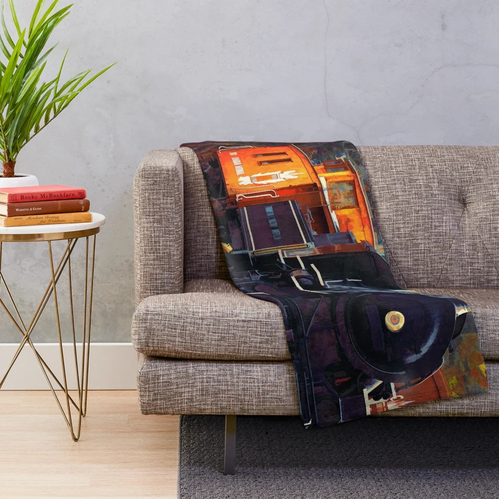 Vintage steam train plush blanket with a steam locomotive in a rail yard