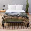 Vintage steam train themed plush blanket featuring a mountain landscape design