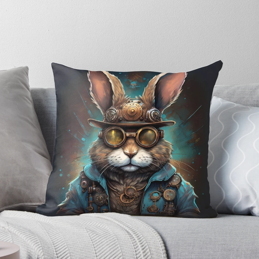 Vintage steampunk bunny throw pillow with goggles and pink accents, a fantasy animal decor piece.