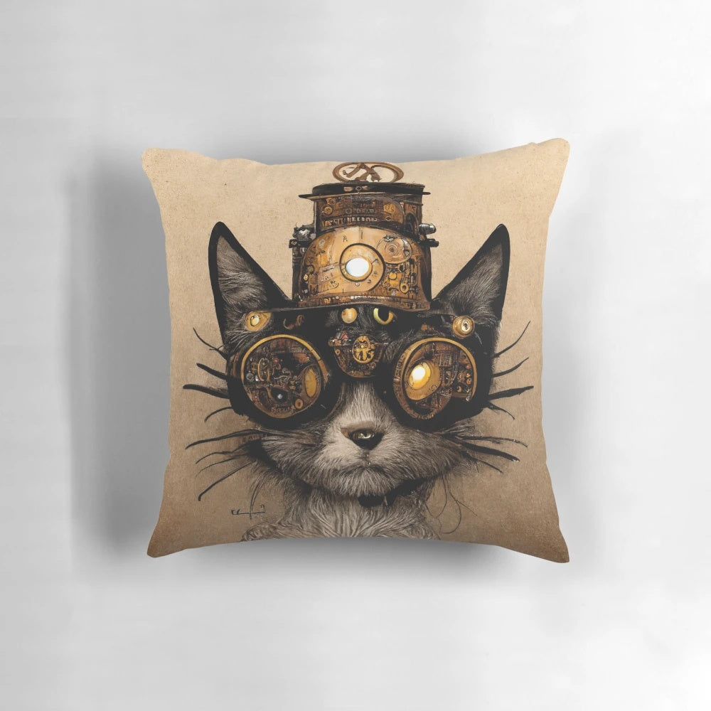 Vintage steampunk-inspired cat decorative pillow with a dieselpunk style