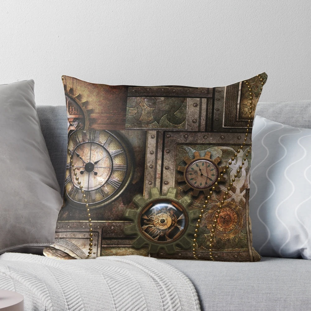 Vintage Steampunk-Inspired Clockwork Pillow with Gears and Metallic Details