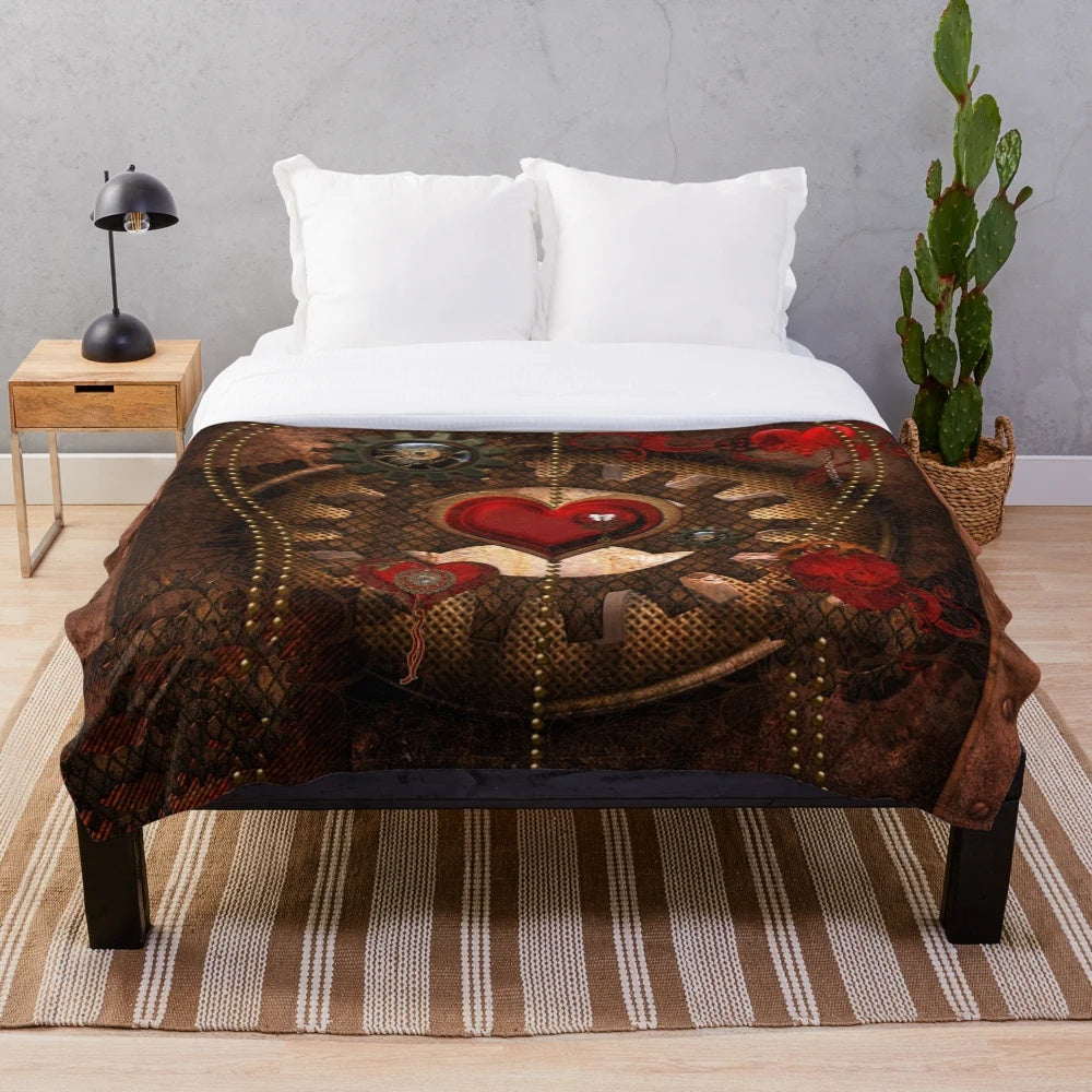 Steampunk-inspired plush blanket with a mechanical heart design