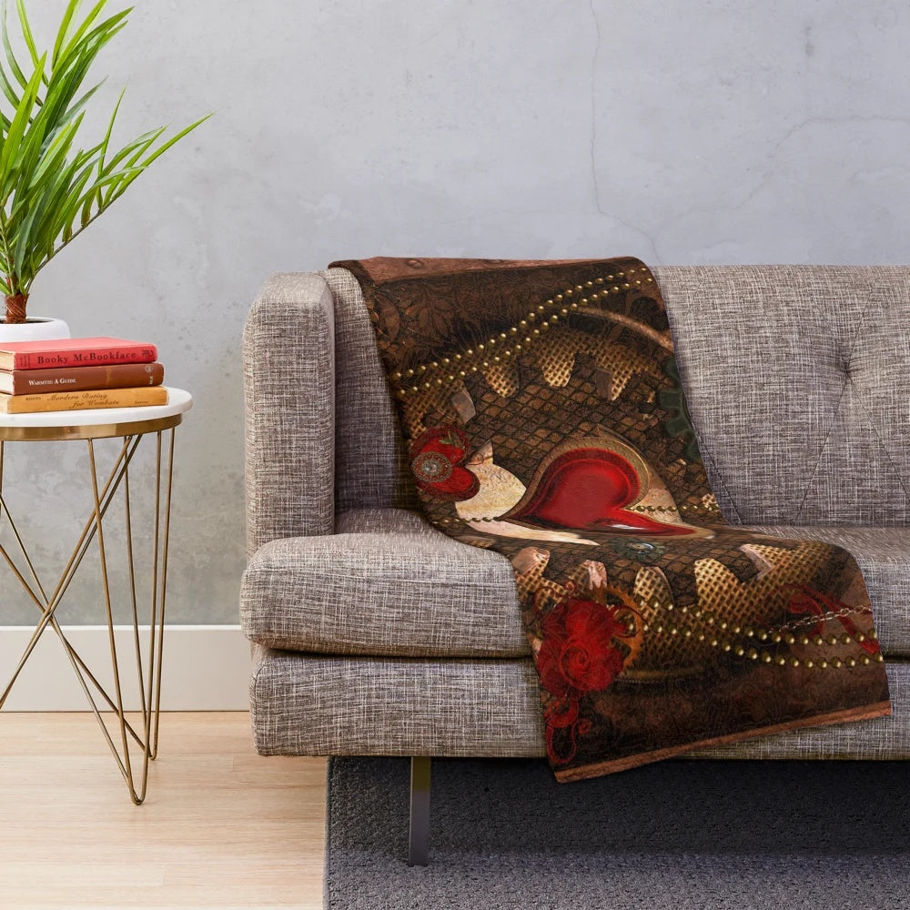 Steampunk-inspired plush blanket with a mechanical heart design