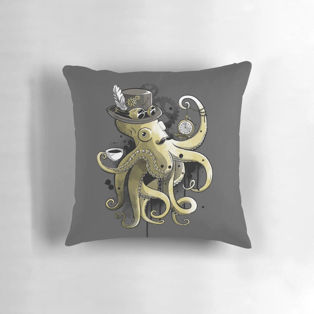 Decorative pillow featuring a gold watercolor octopus in a steampunk, mechanical style