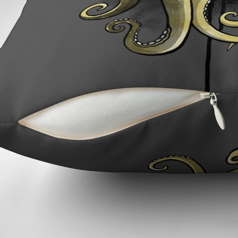 Decorative pillow featuring a gold watercolor octopus in a steampunk, mechanical style