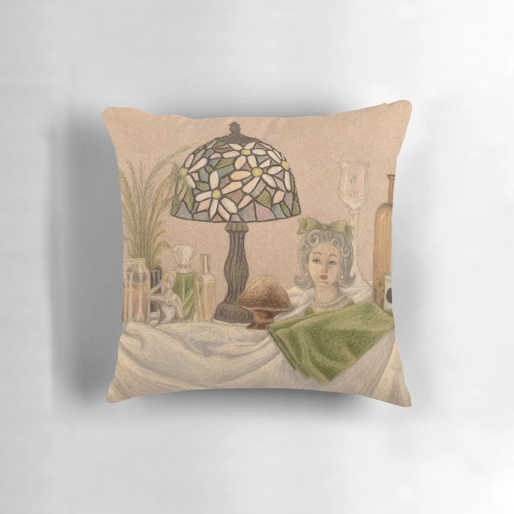 Vintage still life design accent pillow with candle holder, lamp, stained glass, and floral accents