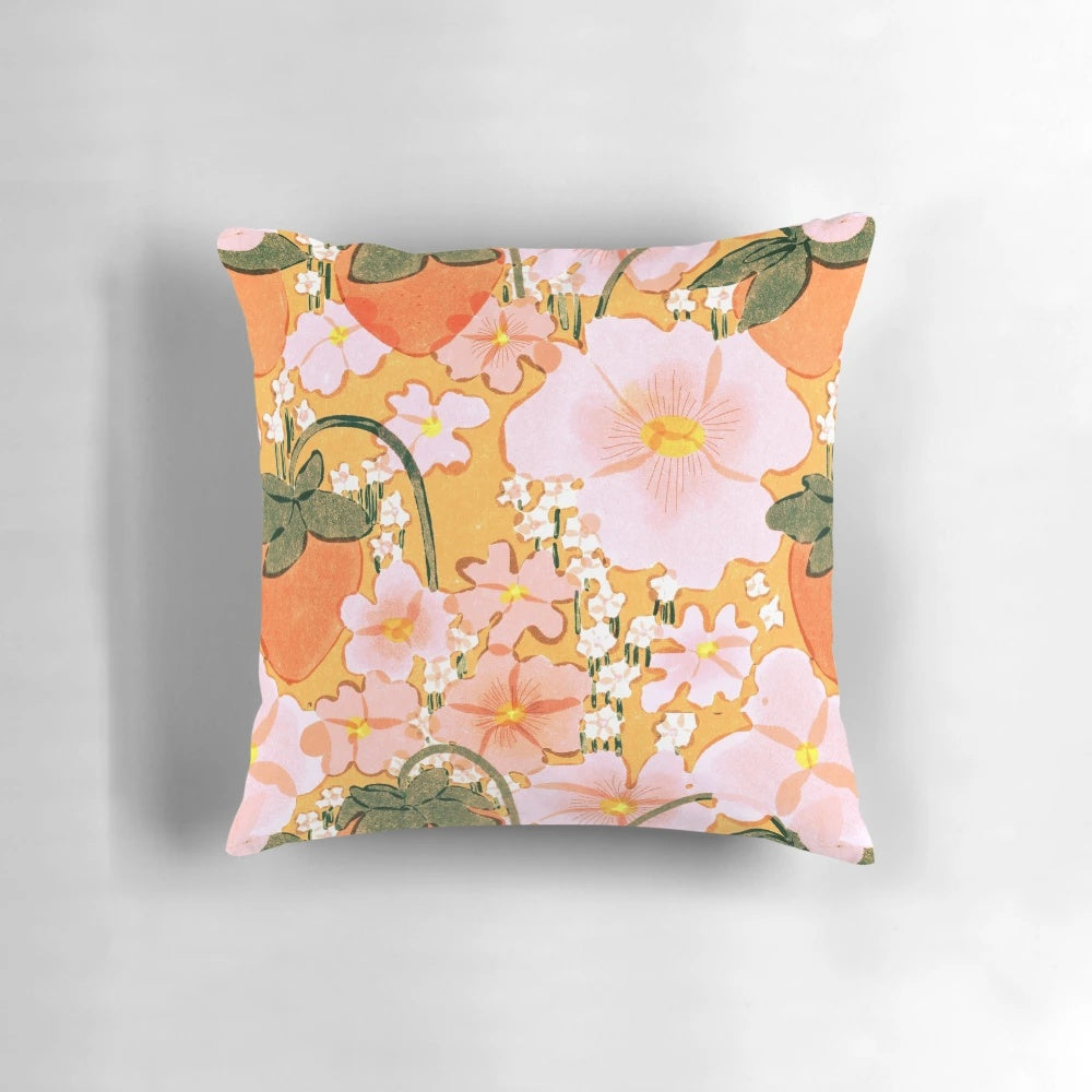 Vintage-inspired strawberry and floral pattern pillow for bohemian, retro, or botanical home decor