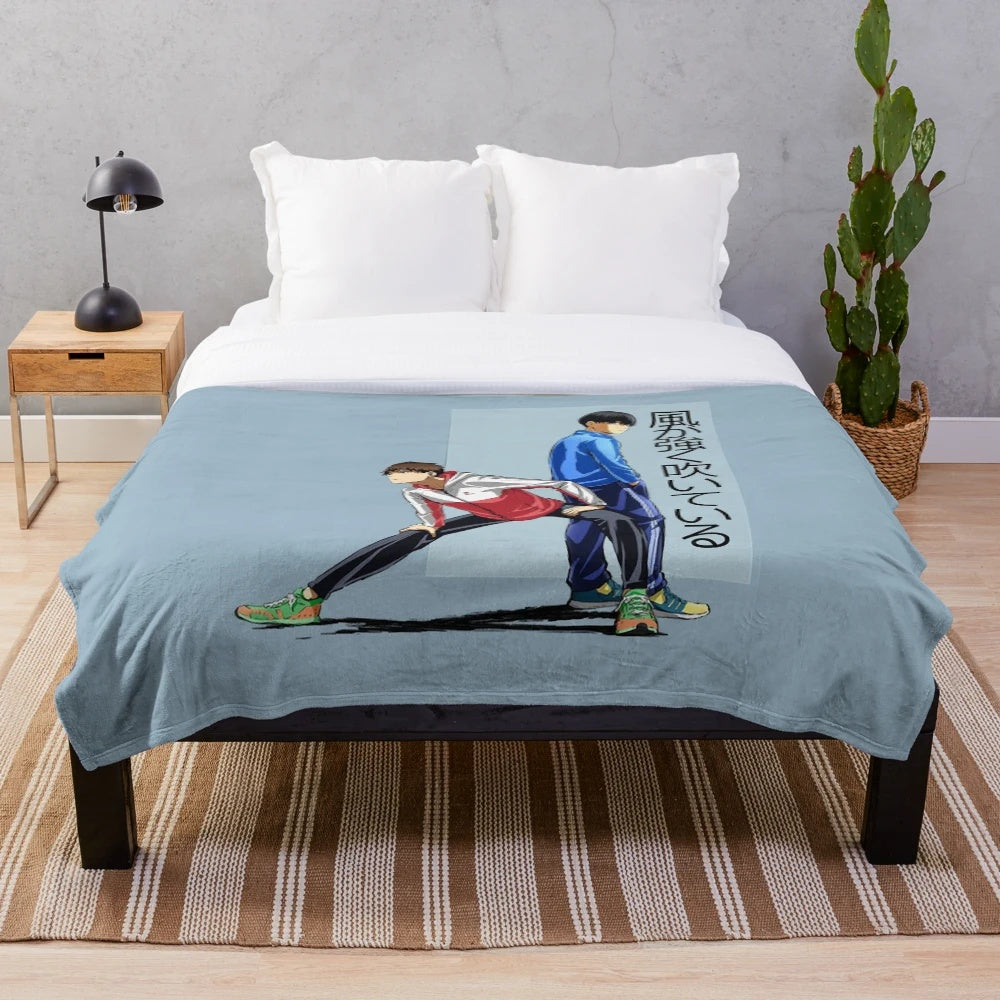Vintage anime character plush blanket with Kakeru and Haiji
