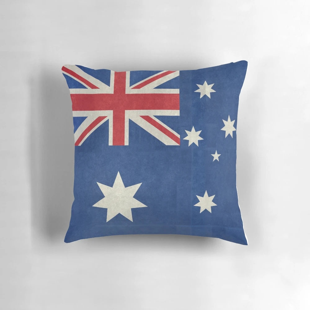 Vintage-style pillow featuring the Australian national flag with a distressed, retro texture