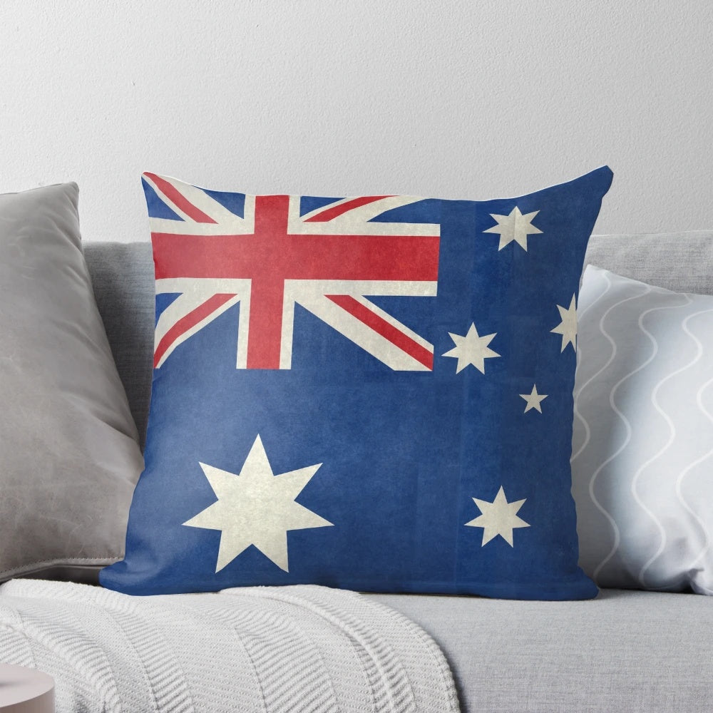 Vintage-style pillow featuring the Australian national flag with a distressed, retro texture