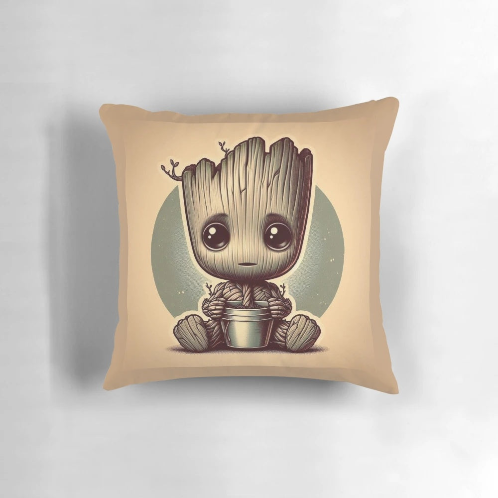 Beige pillow featuring a vintage-inspired illustration of Baby Groot from the Guardians of the Galaxy movie
