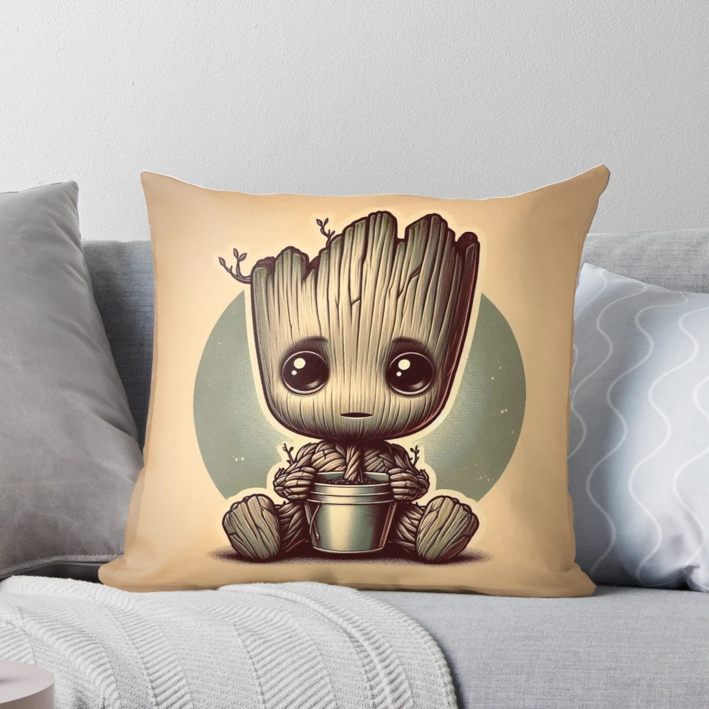 Beige pillow featuring a vintage-inspired illustration of Baby Groot from the Guardians of the Galaxy movie