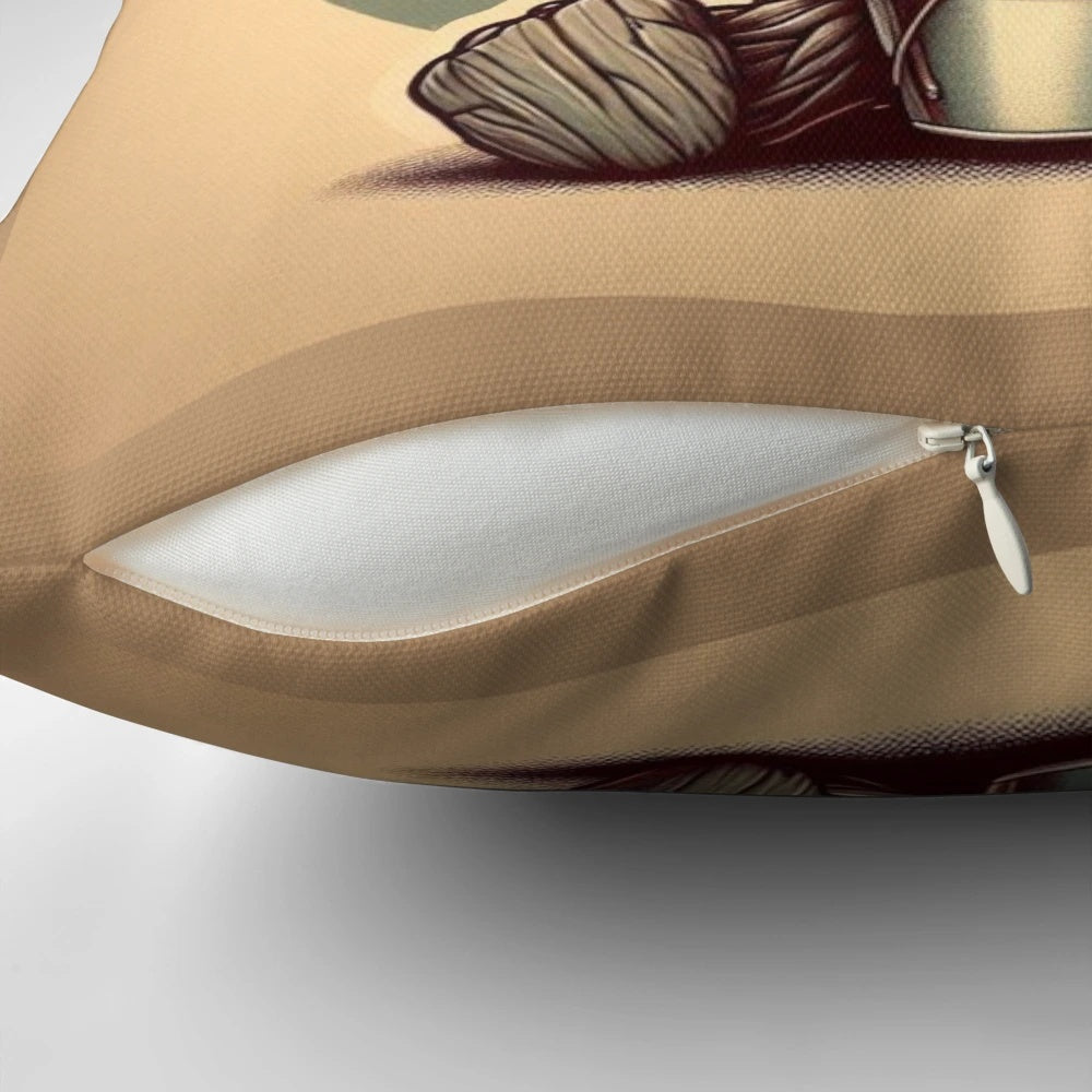 Beige pillow featuring a vintage-inspired illustration of Baby Groot from the Guardians of the Galaxy movie