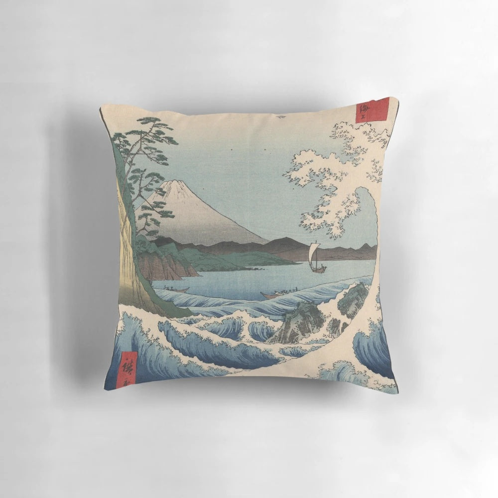Vintage-style art print featuring Ando Hiroshige's famous ukiyo-e landscape painting "Sea at Satta in Suruga Province"