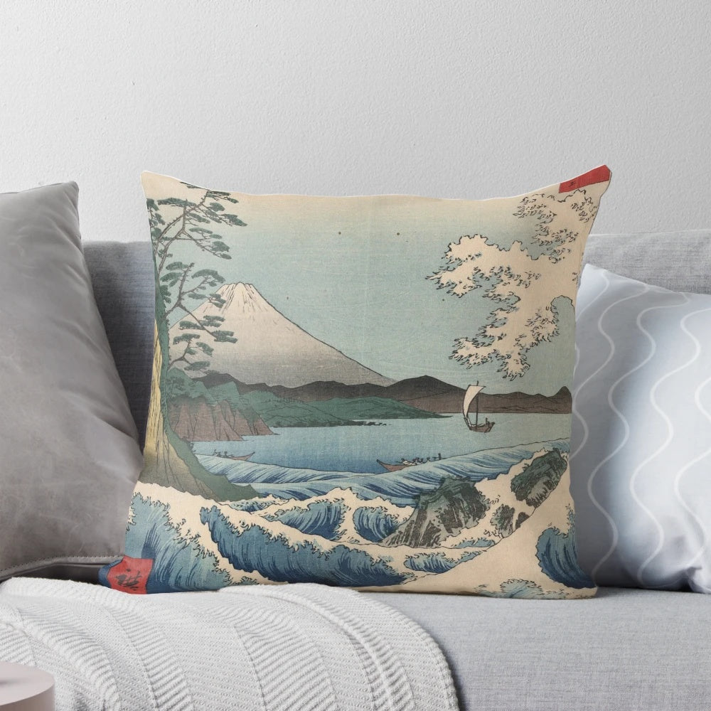 Vintage-style art print featuring Ando Hiroshige's famous ukiyo-e landscape painting "Sea at Satta in Suruga Province"